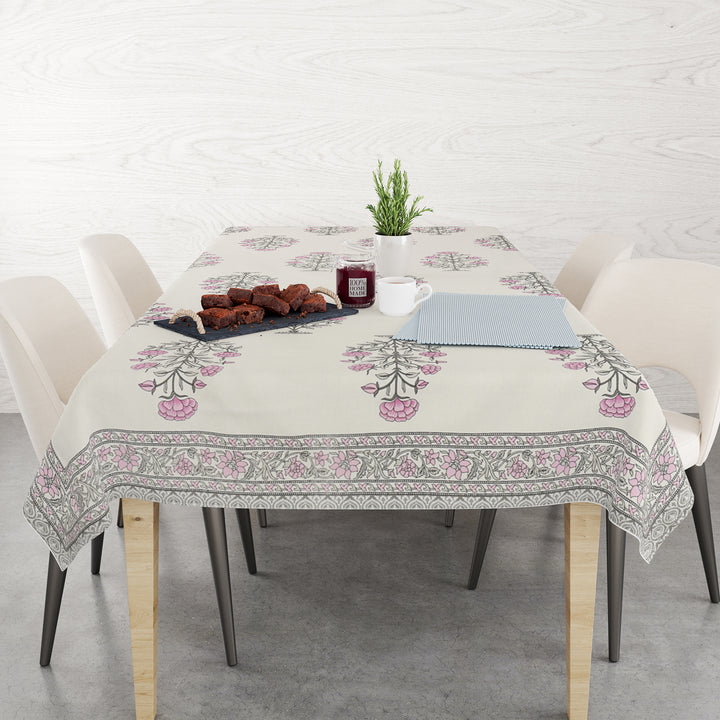 Table Cloth 6 Seater - Pure Cotton Jaipuri Hand Block Print - Pink Floral