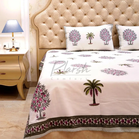 100% Cotton Hand Block Print Jaipuri Bedsheet - King Size Green Palm Tree Handblock