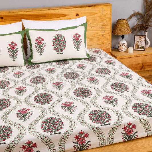 100% Cotton Hand-Block Print Jaipuri Bedsheet - King Size Green Pink Floral Handblock