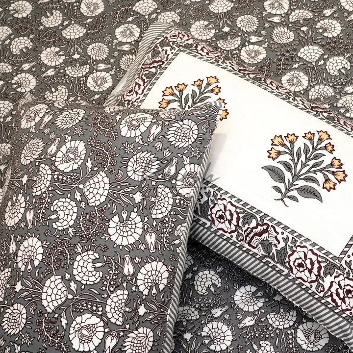 100% Cotton Hand Block Print Jaipuri Bedsheet - King Size Grey Flower Jaal Handblock