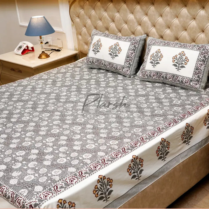 100% Cotton Hand Block Print Jaipuri Bedsheet - King Size Grey Flower Jaal Handblock