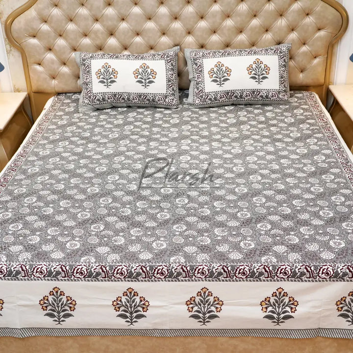 100% Cotton Hand Block Print Jaipuri Bedsheet - King Size Grey Flower Jaal Handblock