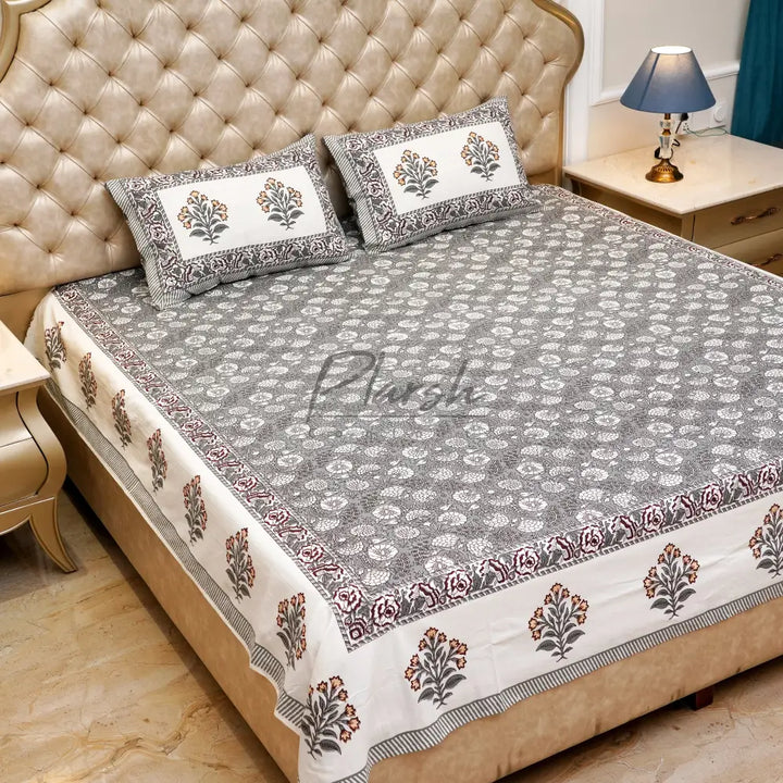 100% Cotton Hand Block Print Jaipuri Bedsheet - King Size Grey Flower Jaal Handblock