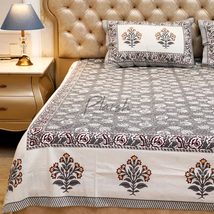 100% Cotton Hand Block Print Jaipuri Bedsheet - King Size Grey Flower Jaal Handblock