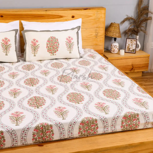 100% Cotton Hand-Block Print Jaipuri Bedsheet - King Size Pink Grey Floral Handblock