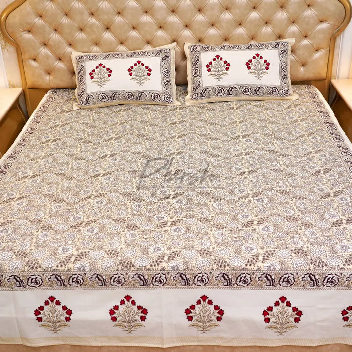 100% Cotton Hand Block Print Jaipuri Bedsheet - King Size Yellow Flower Jaal Handblock