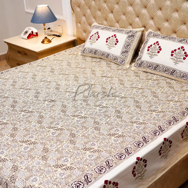 100% Cotton Hand Block Print Jaipuri Bedsheet - King Size Yellow Flower Jaal Handblock