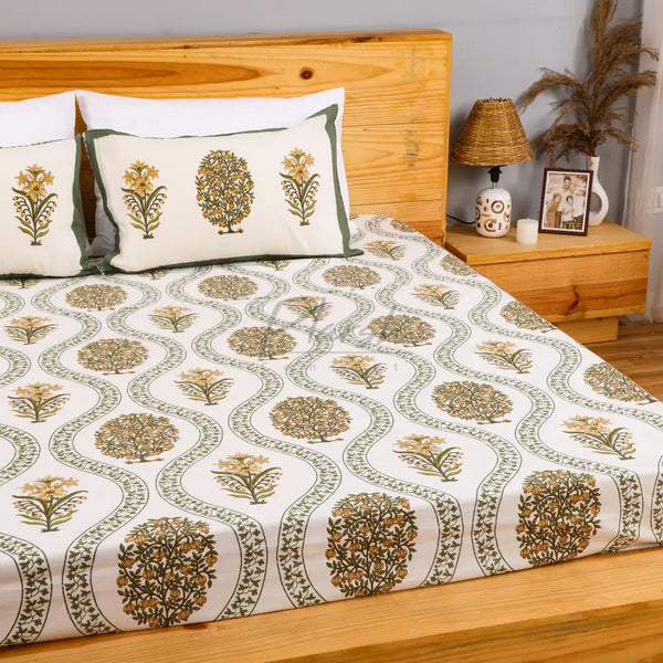 100% Cotton Hand-Block Print Jaipuri Bedsheet - King Size Yellow Green Floral Handblock