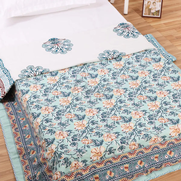 100% Cotton Jaipuri Hand Block Print Reversible Single Bed Dohar - Bue Floral Handblock