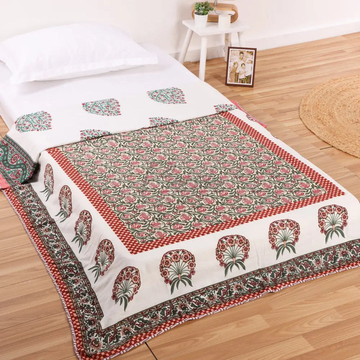 Pure Cotton Jaipuri Hand Block Print Reversible Single Bed Dohar - Red Floral