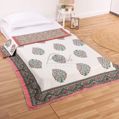 Pure Cotton Jaipuri Hand Block Print Reversible Single Bed Dohar - Red Floral
