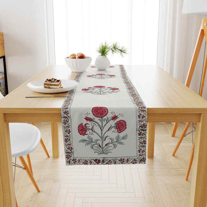 Hand Block Printed Canvas Cotton Cloth Table Runner - Red Floral