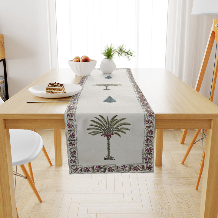 Hand Block Printed Canvas Cotton Cloth Table Runner - Plam Tree