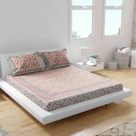 Pure Cotton Block Print Jaipuri Bedsheet - Super King Size 120*120 inches - Peach Floral