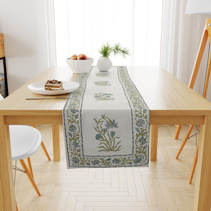 Hand Block Printed Canvas Cotton Cloth Table Runner - Green Floral