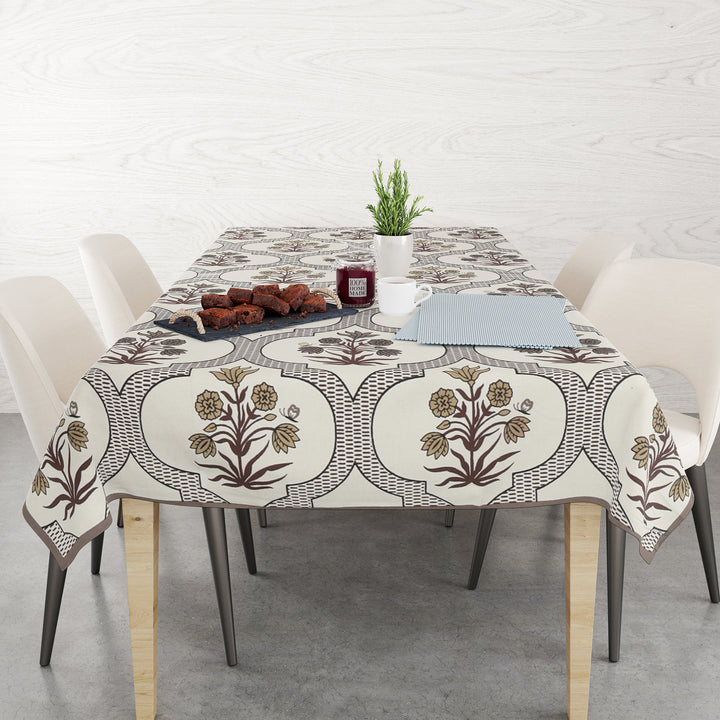 Table Cloth 4 Seater - Pure Cotton Jaipuri Hand Block Print - Brown Floral