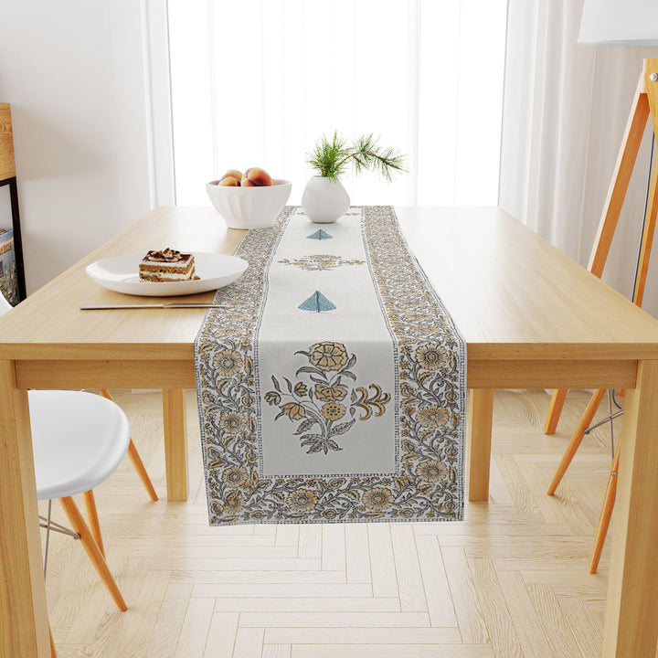 Hand Block Printed Canvas Cotton Cloth Table Runner - Brown Blue Floral