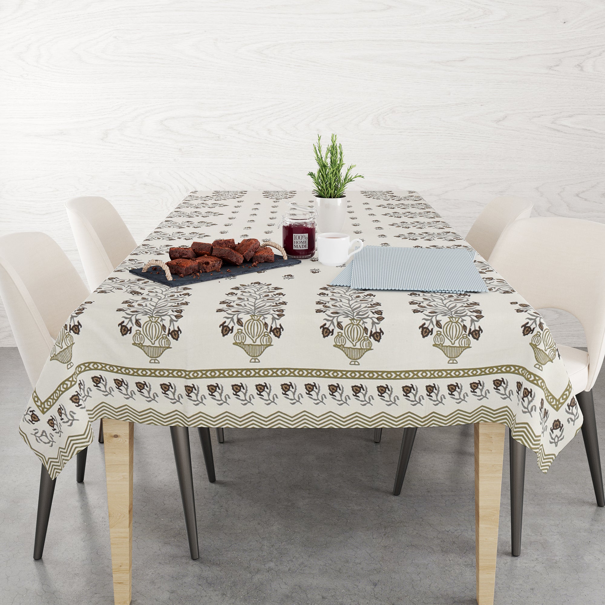 Yellow White Tablecloth, buy 100% Cotton Tablecloth, Floral Tablecloth 4 - 6 seater, Rectangle Cotton Tablecloth, Hand block printed in Jaipur