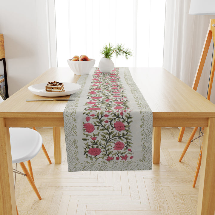 Hand Block Printed Canvas Cotton Cloth Table Runner - Pink Green Floral