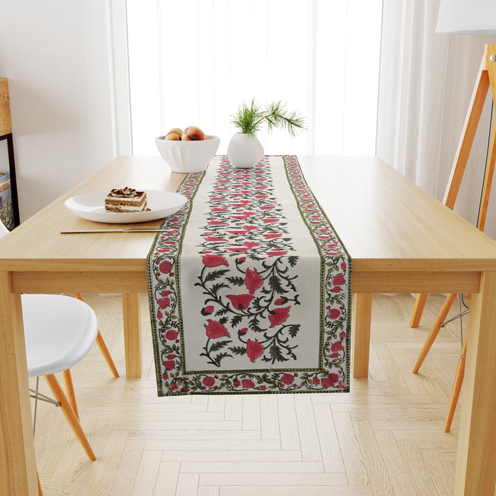 Hand Block Printed Canvas Cotton Cloth Table Runner - Red Green Floral