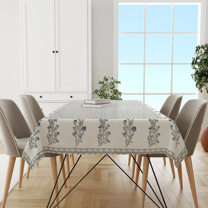 Table Cloth 4 Seater - Pure Cotton Jaipuri Hand Block Print - Grey Blue Boota