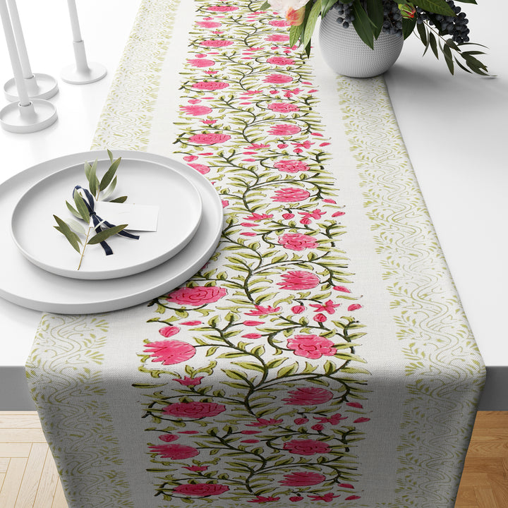 Hand Block Printed Canvas Cotton Cloth Table Runner - Pink Green Floral