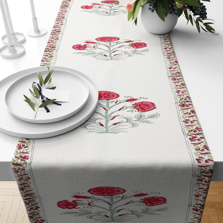 Hand Block Printed Canvas Cotton Cloth Table Runner - Red Floral