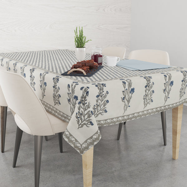 Table Cloth 4 Seater - Pure Cotton Jaipuri Hand Block Print - Grey Blue Boota