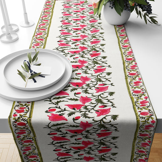 Hand Block Printed Canvas Cotton Cloth Table Runner - Red Green Floral