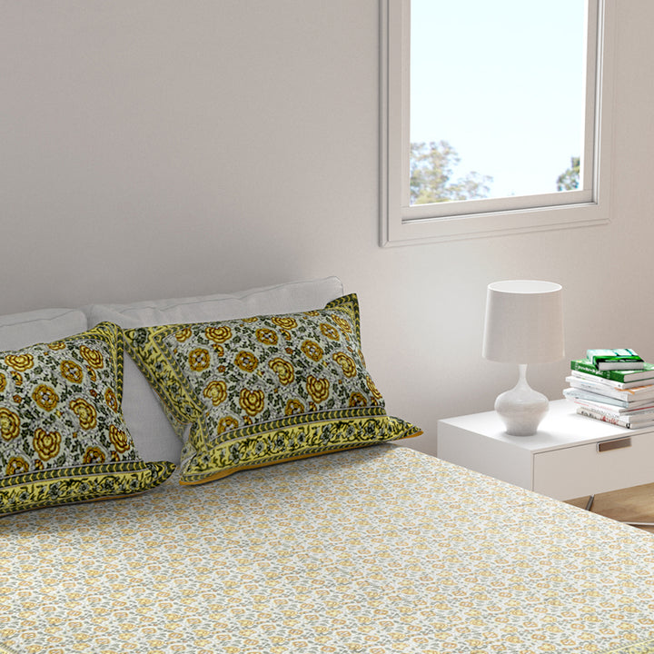 Pure Cotton Block Print Jaipuri Bedsheet - Super King Size 120*120 inches - Yellow Brown Flowers