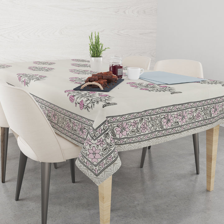 Table Cloth 4 Seater - Pure Cotton Jaipuri Hand Block Print - Pink Floral