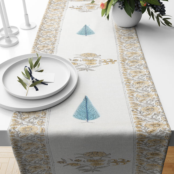 Hand Block Printed Canvas Cotton Cloth Table Runner - Brown Blue Floral