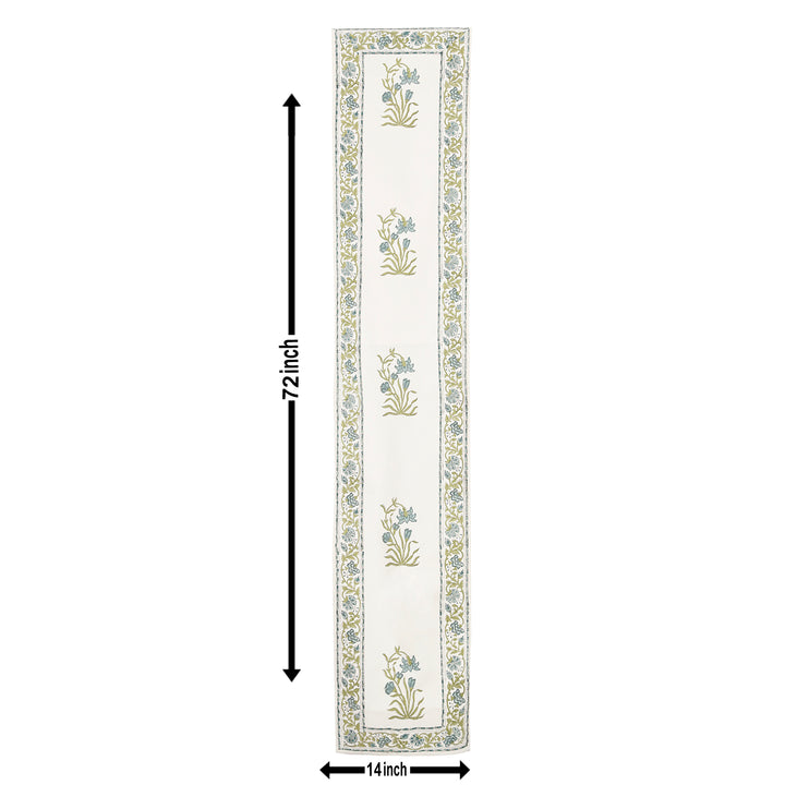 Hand Block Printed Canvas Cotton Cloth Table Runner - Green Floral