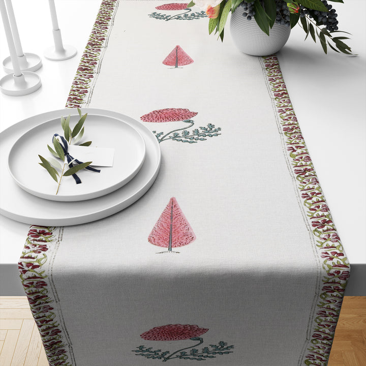 Hand Block Printed Canvas Cotton Cloth Table Runner - Red Blue Floral