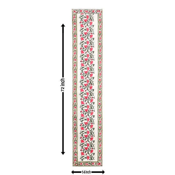 Hand Block Printed Canvas Cotton Cloth Table Runner - Red Green Floral