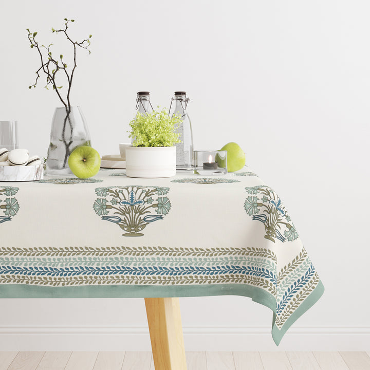 Table Cloth 6 Seater - Pure Cotton Jaipuri Hand Block Print - Green Floral