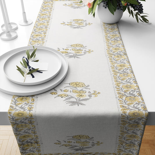Hand Block Printed Canvas Cotton Cloth Table Runner - Brown Floral