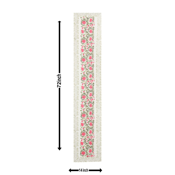 Hand Block Printed Canvas Cotton Cloth Table Runner - Pink Green Floral