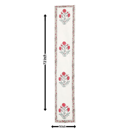 Hand Block Printed Canvas Cotton Cloth Table Runner - Red Floral