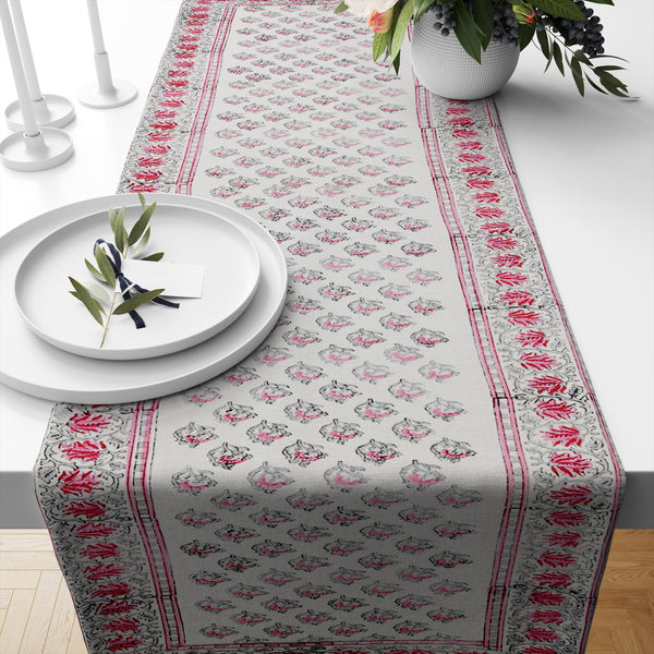 Hand Block Printed Canvas Cotton Cloth Table Runner - Pink and Grey