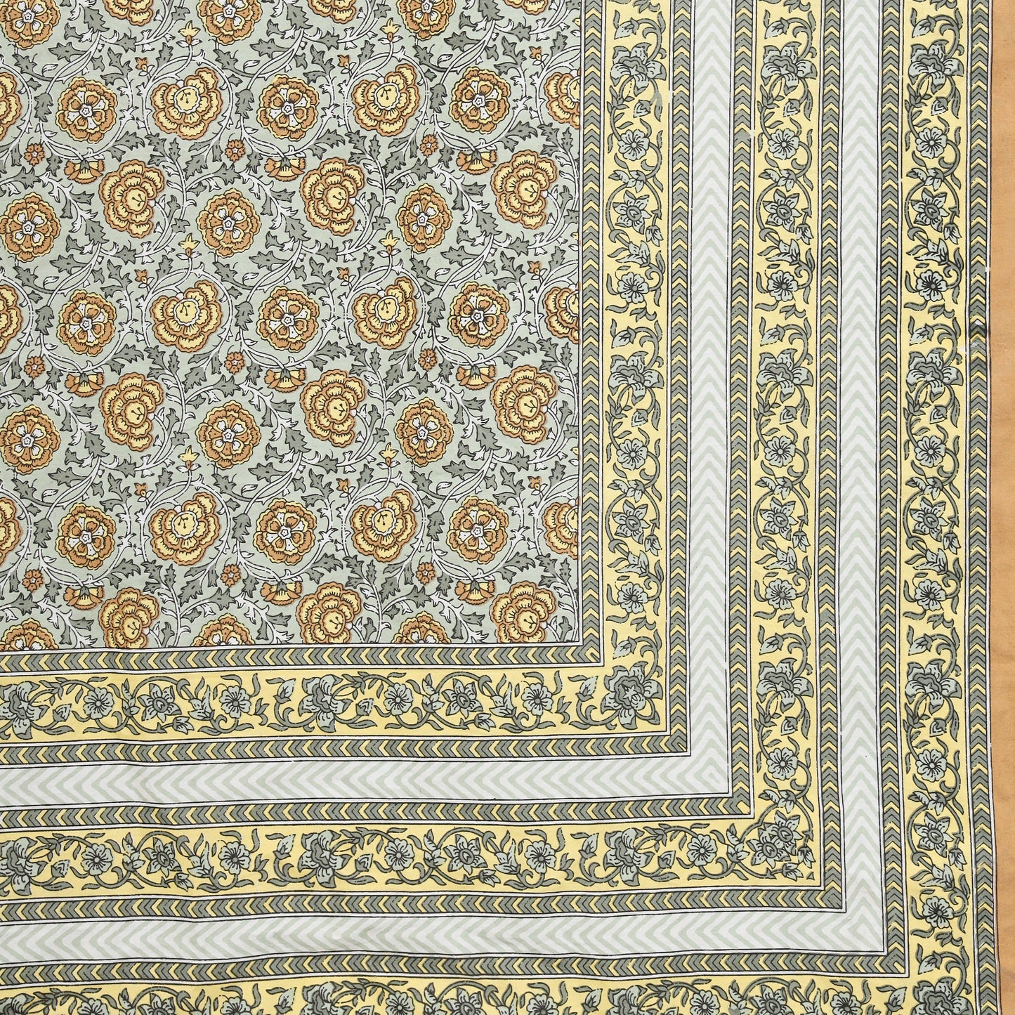 Pure Cotton Block Print Jaipuri Bedsheet - Super King Size 120*120 inches - Yellow Brown Flowers