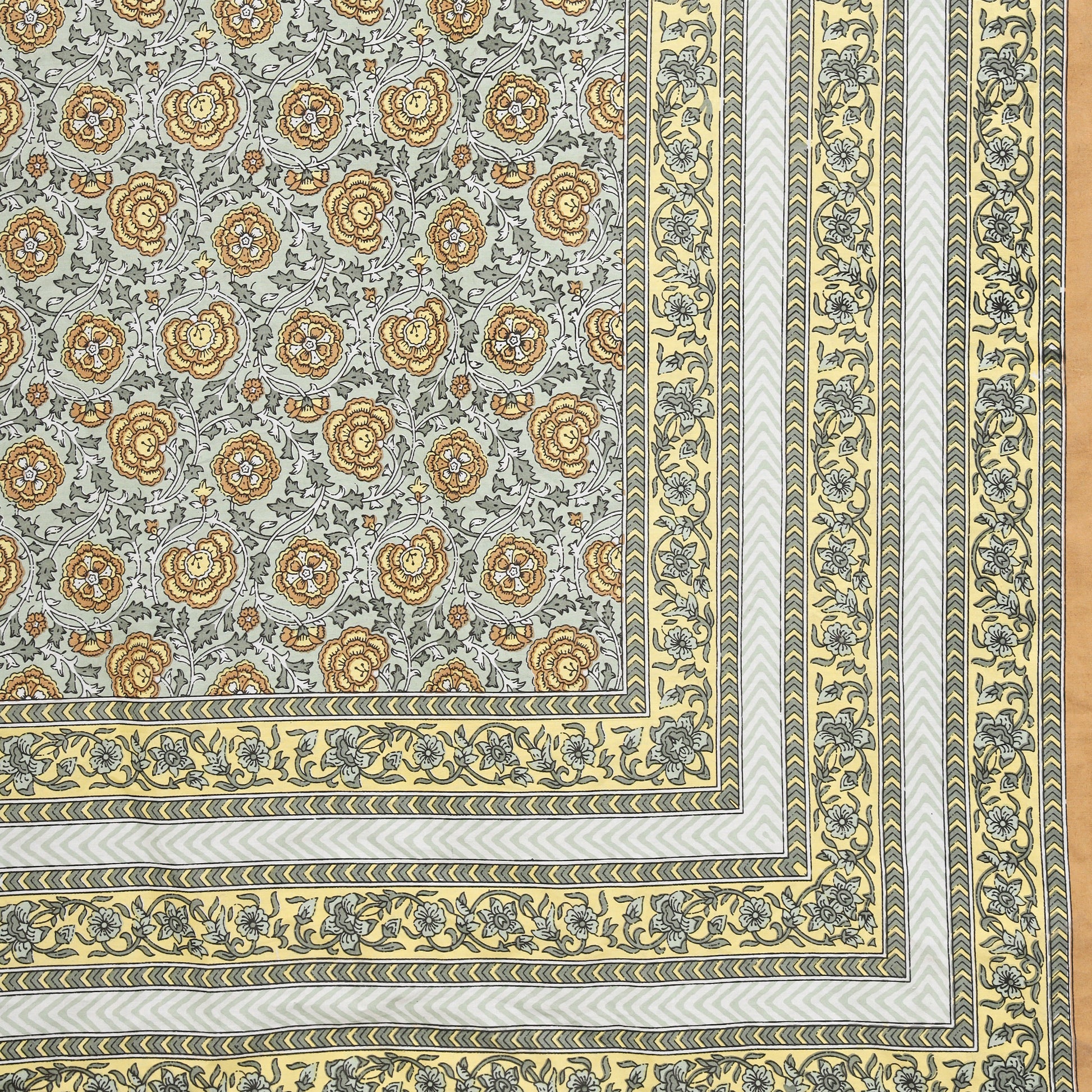 Pure Cotton Block Print Jaipuri Bedsheet - Super King Size 120*120 inches - Yellow Brown Flowers