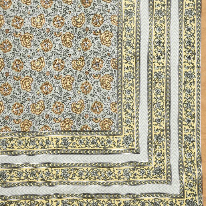 Pure Cotton Block Print Jaipuri Bedsheet - Super King Size 120*120 inches - Yellow Brown Flowers