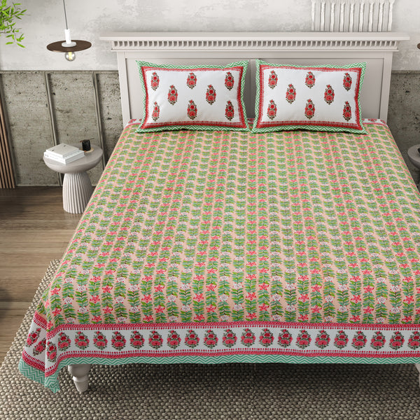 Pure Cotton Block Print Jaipuri Bedsheet - King Size 95*108 inches - Verdant Bloom