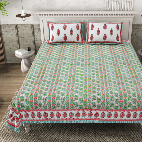 Pure Cotton Block Print Jaipuri Bedsheet - King Size 95*108 inches - Verdant Bloom