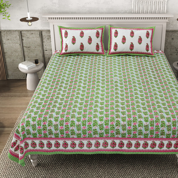 Pure Cotton Block Print Jaipuri Bedsheet - King Size 95*108 inches - Verdant Bloom