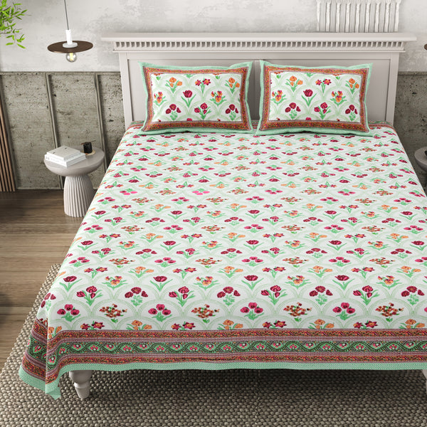 Pure Cotton Block Print Jaipuri Bedsheet - King Size 95*108 inches - Floral Breeze