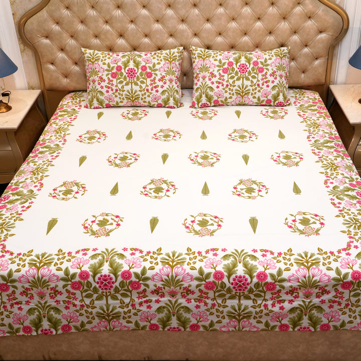 Pure Cotton Block Print Jaipuri Bedsheet - King Size 95*108 inches - Mustard Pink Floral