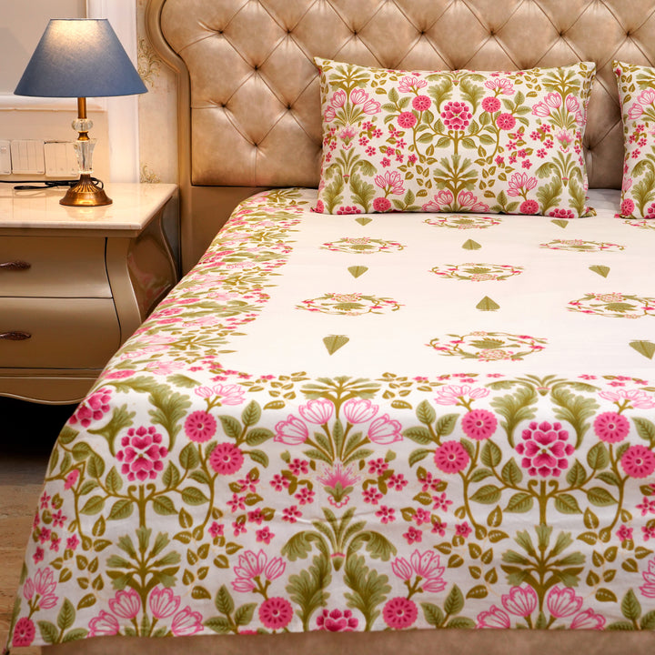 Pure Cotton Block Print Jaipuri Bedsheet - King Size 95*108 inches - Mustard Pink Floral