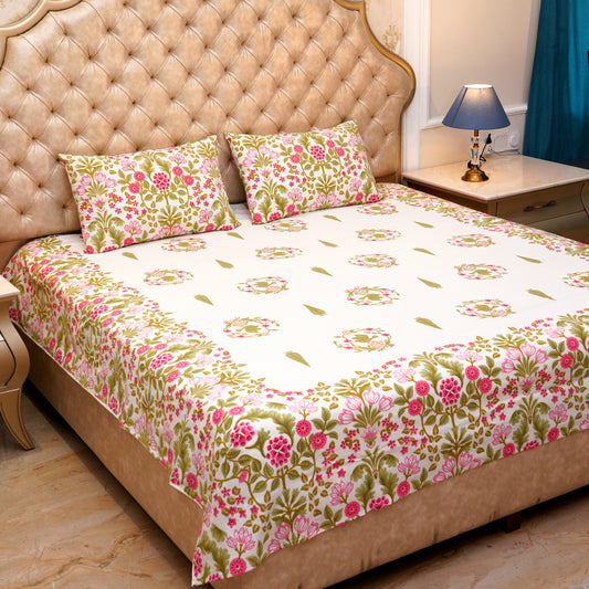 Pure Cotton Block Print Jaipuri Bedsheet - King Size 95*108 inches - Mustard Pink Floral